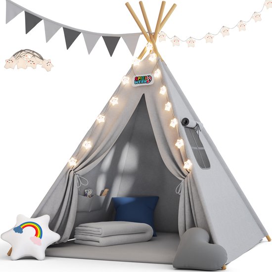 Spielwerk Tente de jeu - LED 3 coussins tendeurs 130x130x160cm - Gris