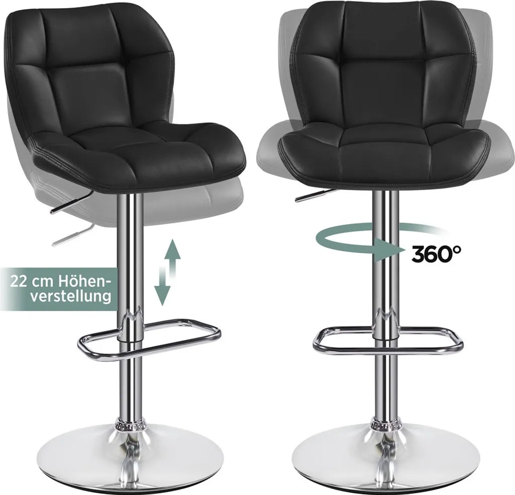 Yaheetech Barstools Set of 2 - Black Faux Leather - Adjustable 62.5-84.5 cm - 360° Swivel with Backrest and Footrest