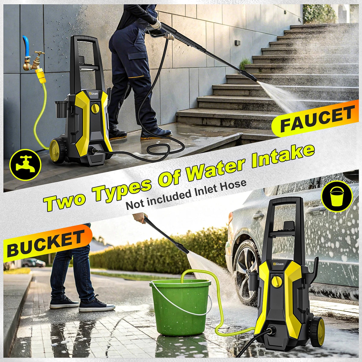 Nettoyeur haute pression Gisam 2200 W, 180 bars, 480 l/h - Tuyau de 8 mètres - IPX5 - Jaune