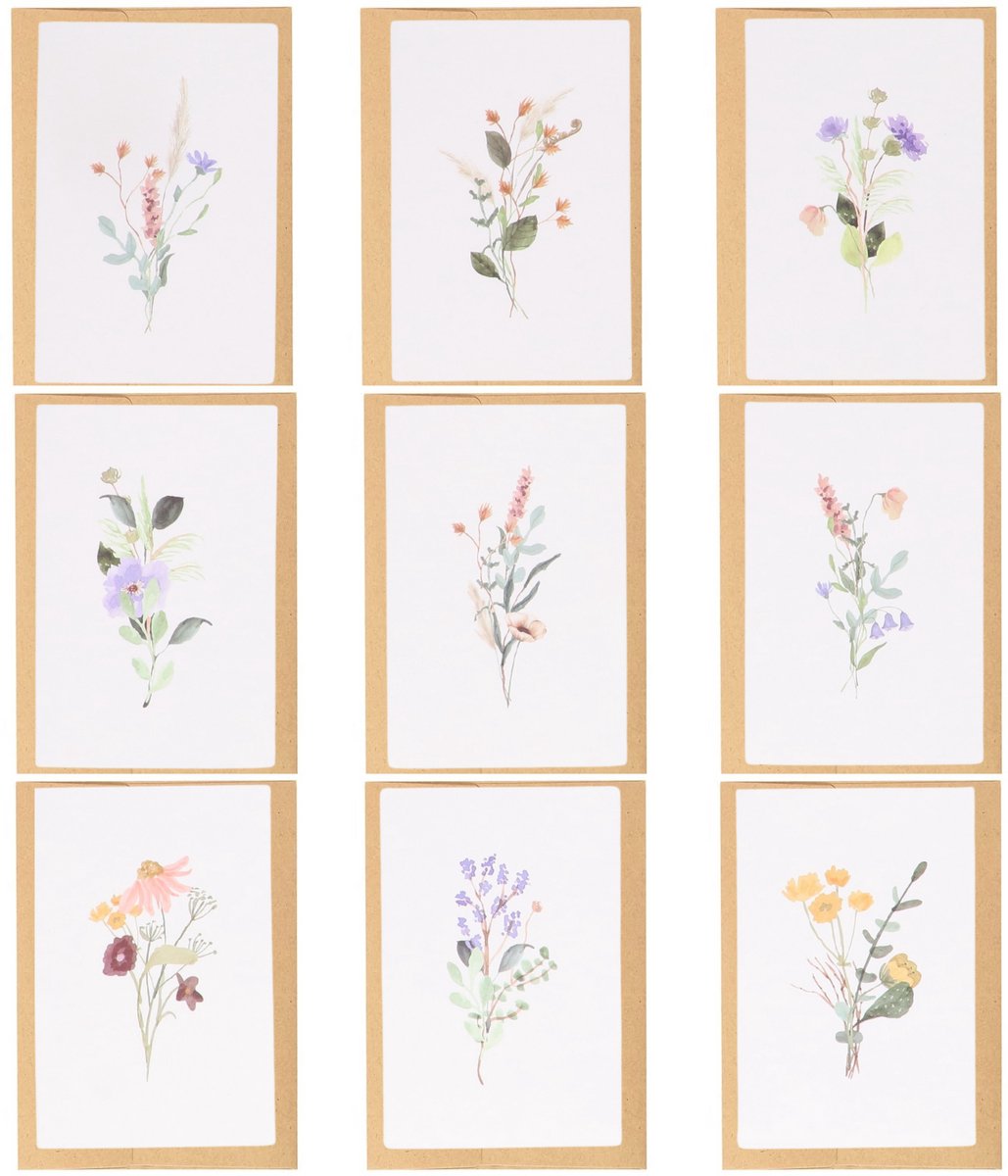 Partizzle - Lot de 36 cartes de vœux fleurs sèches - 15 x 10 cm & motif aquarelle - avec enveloppes kraft et intérieur vierge - pour mariage et félicitations - papier FSC multicolore