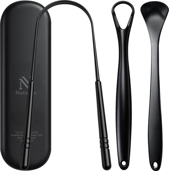 Grattoir à langue professionnel Nuvance - Kit 3 en 1 - pour l'hygiène bucco-dentaire - Nettoyeur de langue - Grattoir à langue - Tongue Scraper - Acier inoxydable - Noir
