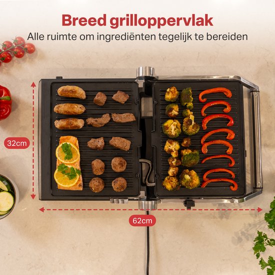 AoraKitchen Contact Grill - 180º Fold-out - Appareil à griller avec plaques amovibles - 7 supports - Fer à sandwich et à panini - 2000W