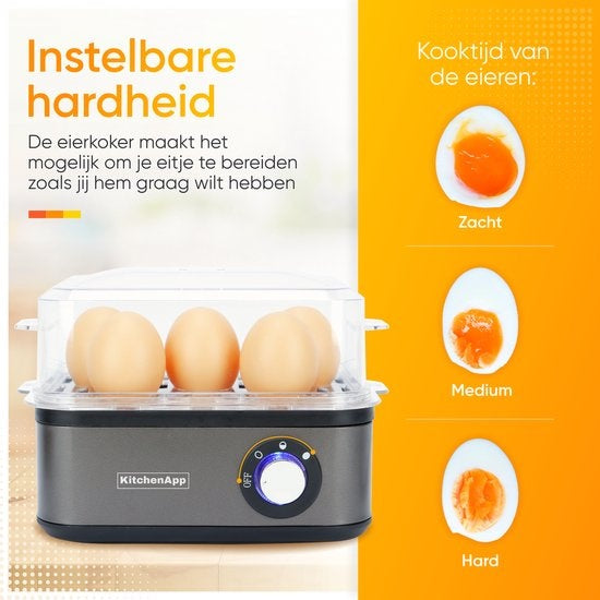 KitchenApp Chaudron à oeufs électrique - Convient pour 8 oeufs - Avec minuterie - Inclut un gobelet gradué - Gris argenté