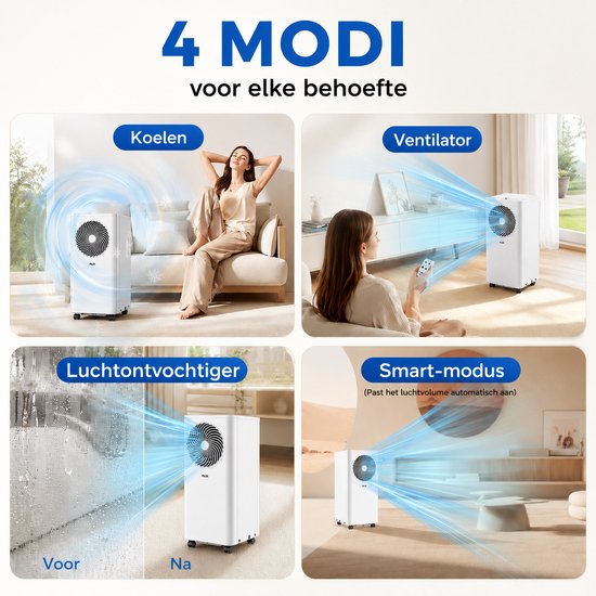 Climatiseur mobile AUX 3-en-1 9 000 BTU (jusqu'à 36 m²), classe énergétique A, Wi-Fi et télécommande, 4 modes, auto-amortissement, réfrigérant R290, filtre lavable, support de fenêtre inclus
