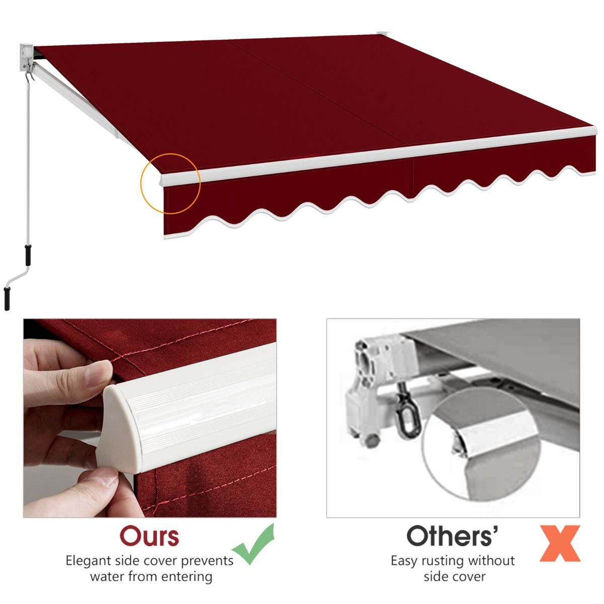 Coast Parasol manuel extensible 295x250 cm - Rouge - Structure en aluminium - Angle réglable 40°-100° - Sans perçage