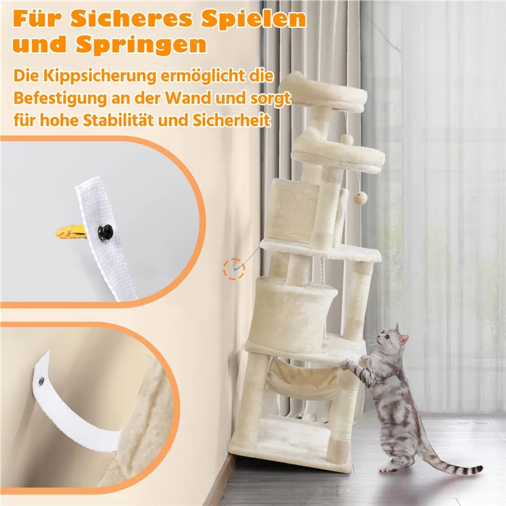 Yaheetech Scratch Post Beige - 158 cm de haut - Avec 2 plateformes, 2 maisons pour chats et 5 griffoirs en sisal