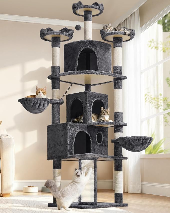Arbre à chat Yaheetech - 3 maisonnettes pour chats - 194 cm de haut - gris foncé