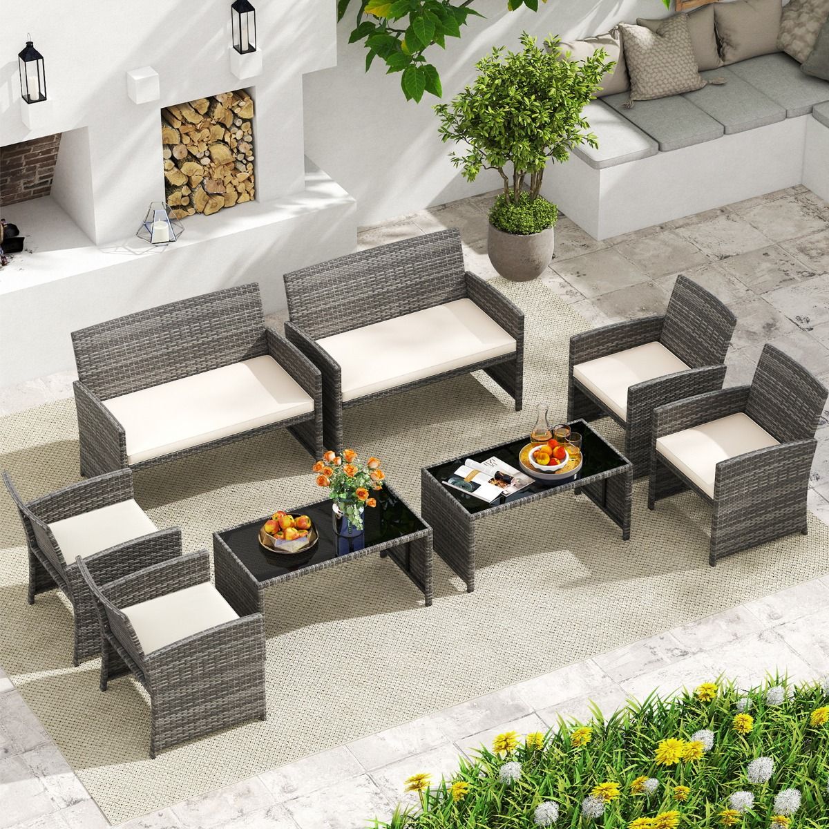 Ensemble de mobilier de jardin Coast 4 pièces - ensemble de salon en rotin avec coussins blancs - table avec verre de sécurité - gris