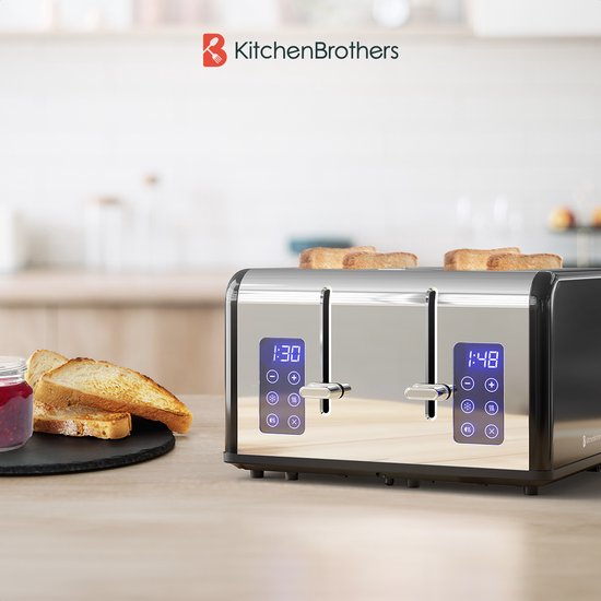 KitchenBrothers Toaster - Grille-pain - 6 niveaux de chaleur - 4 fentes extra-larges - écran tactile - 1630W - acier inoxydable/noir