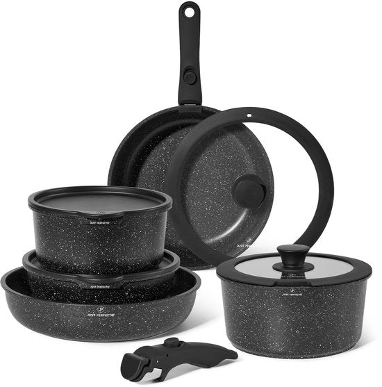 Just Perfecto 11 Pieces Induction Pans Set - Removable Handle - Pans Set With Lid For All Heat Sources - Pans Without PFOA - PFAS