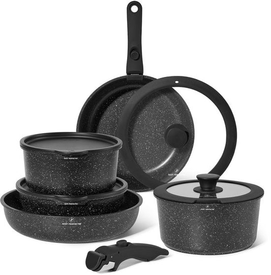 Just Perfecto 11 Pieces Induction Pans Set - Removable Handle - Pans Set With Lid For All Heat Sources - Pans Without PFOA - PFAS
