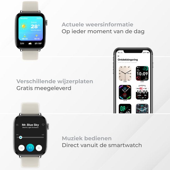 Nuvance - Smartwatch Hommes et Femmes avec Bluetooth - IP68 Waterproof - Convient à tous les Smartphones - Podomètre et moniteur de fréquence cardiaque - Argent