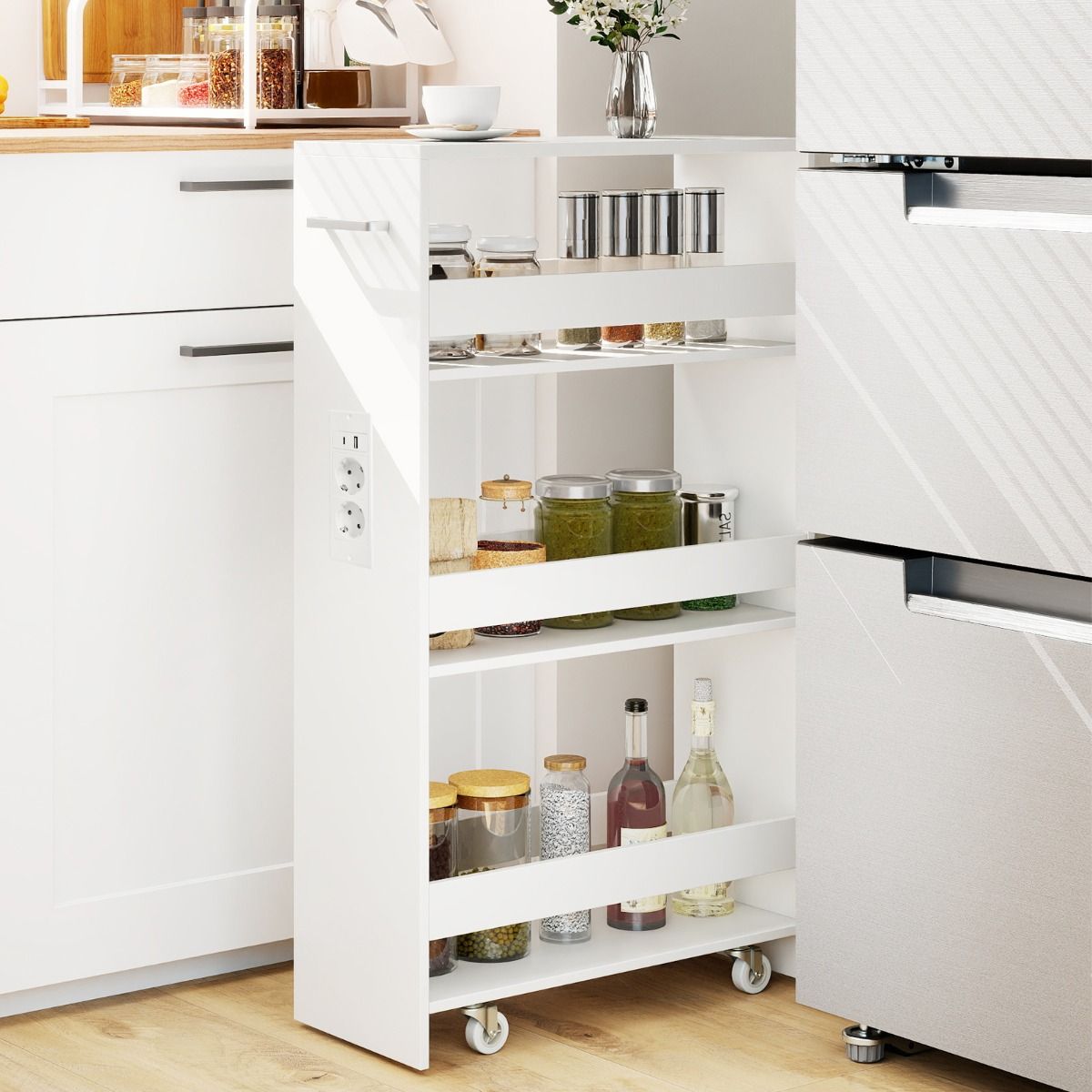 Chariot de rangement Coast Smalle - Chariot de cuisine mobile à 4 étages - avec station de recharge - blanc 47,5 x 20 x 80,5 cm