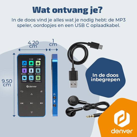 Lecteur MP3/MP4 Denver - Bluetooth - Lecture aléatoire/Répétition - Carte SD jusqu'à 128 Go - Écouteurs inclus - Dictaphone - MP1830BU - Bleu