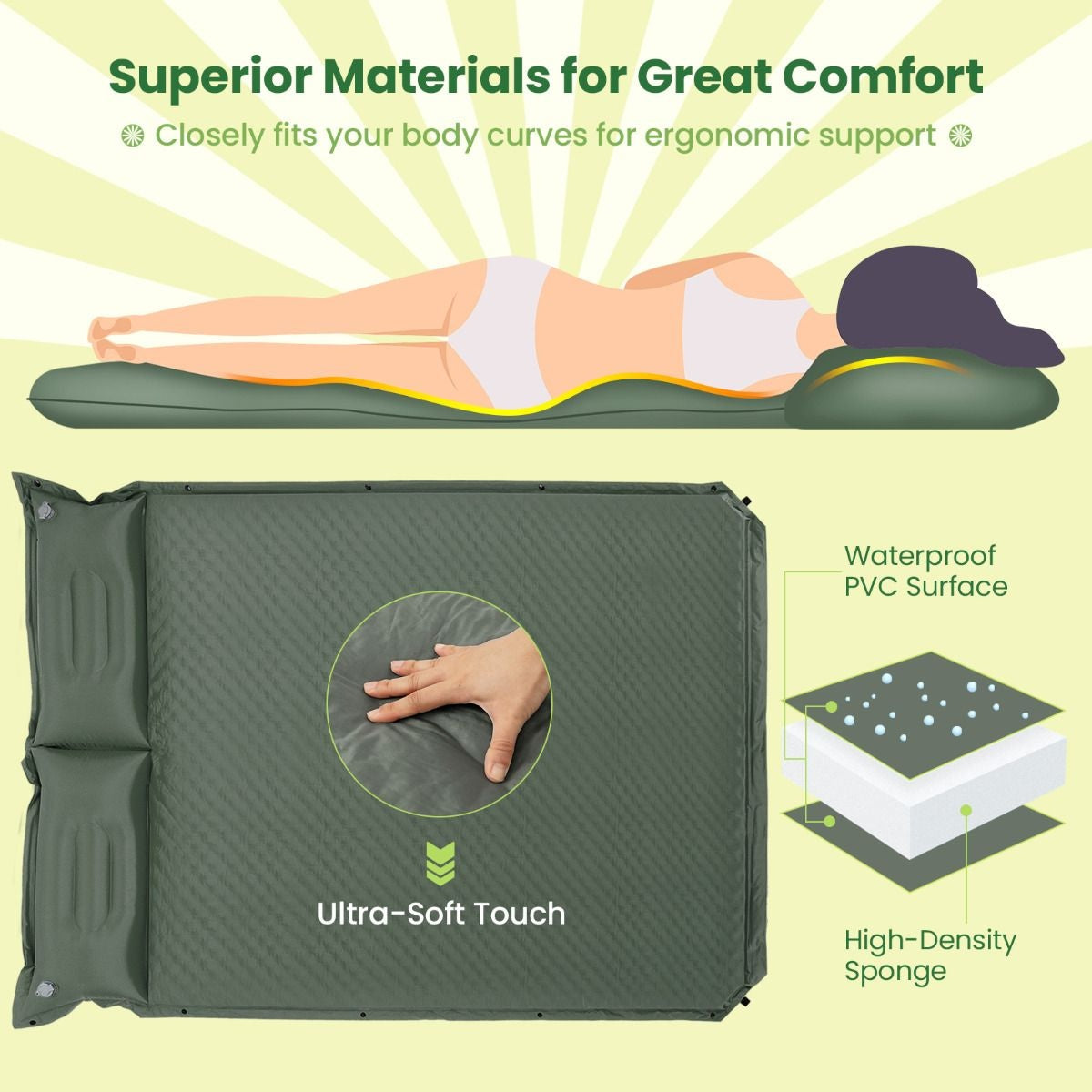 Coast Matelas de camping 2 personnes - autogonflant - imperméable - 187 x 69 x 4 cm - vert