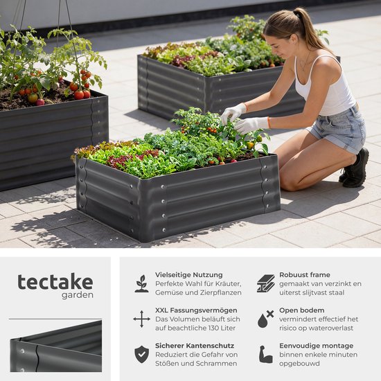 Jardinière surélevée tectake® - 80 x 60 x 30 cm - 130 L - Jardinières d'extérieur - Bac de culture - Bac potager - Acier galvanisé - Fond ouvert - Jardin d'herbes aromatiques - Bac de jardin - Ergonomique