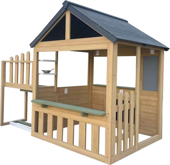 Maisonnette AXI Lizz marron/anthracite – Maisonnette en bois avec coin cuisine, tableau noir, miroir, pots de fleurs et accessoires – Bois certifié FSC – Maisonnette de jardin pour enfants – Garantie 10 ans