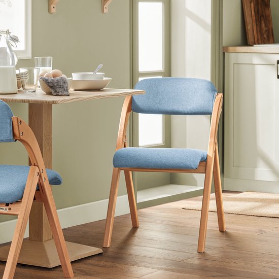 SoBuy Chaise pliante en bois avec coussin d'assise rembourré, chaise de bureau, chaise de salle à manger, Nature/Bleu, 47,5x77x59 cm, FST92-BL - pour salle à manger, balcon ou bureau