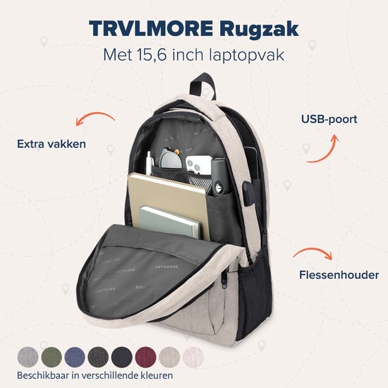 TRVLMORE Sac à dos à vie - Sac à dos avec compartiment pour ordinateur portable de 15,6 pouces - Cartable - Résistant aux éclaboussures - Hommes et femmes - Garçons et filles - 28L - Champagne