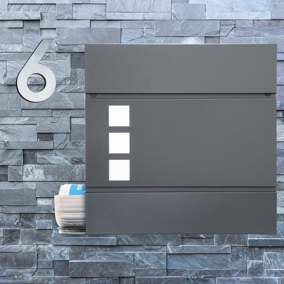 Boîte aux lettres design anthracite avec compartiment à journaux et fenêtres transparentes
