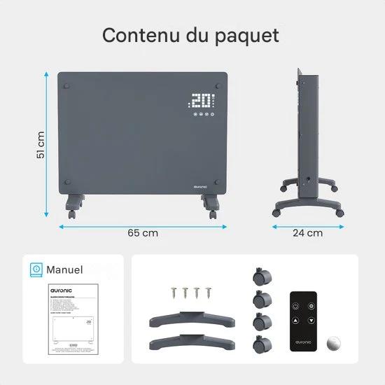 Auronic Radiateur électrique - Radiateur à convection avec thermostat et télécommande - Radiateur à panneau en verre - 1 500 W - Gris