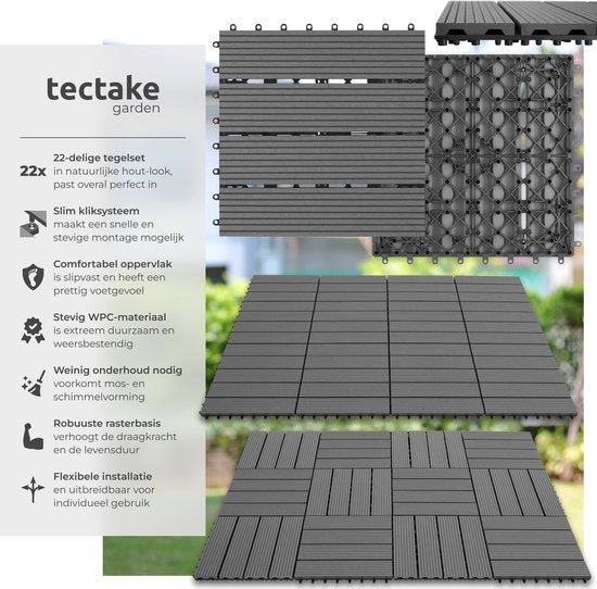 tectake® WPC wood tiles - Dalles aspect bois - Résistant aux intempéries - Sol extérieur - Dalles de sol - Sol de balcon - Dalles de terrasse avec système click - Drain - Lot de 22 - Gris