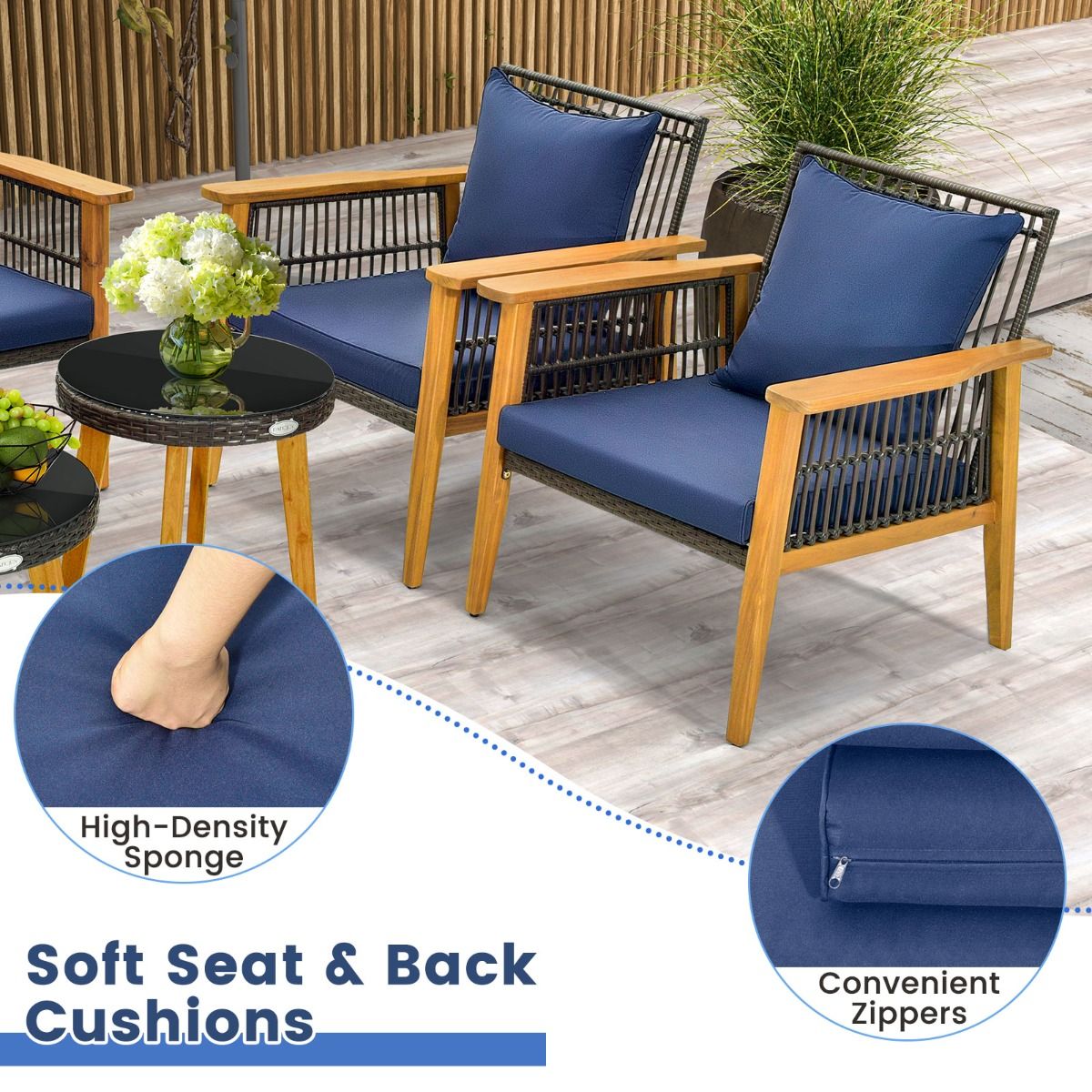 Coast 5-Piece Rattan Outdoor Furniture Set Brown with Navy Blue Cushions - 2 Chairs, Loveseat and 2 Coffee Tables (Chair 75x76x80 cm, Loveseat 132x76x80 cm, Table Ø48 cm & 60x38 cm)