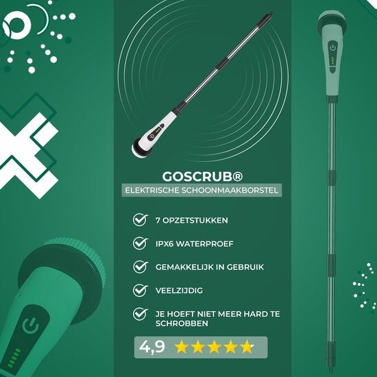 GoScrub® Cleaning King V1 - Brosse de nettoyage électrique - Brosse à récurer électrique - pour la salle de bain ou la cuisine - Brosse à récurer avec manche - 9 accessoires