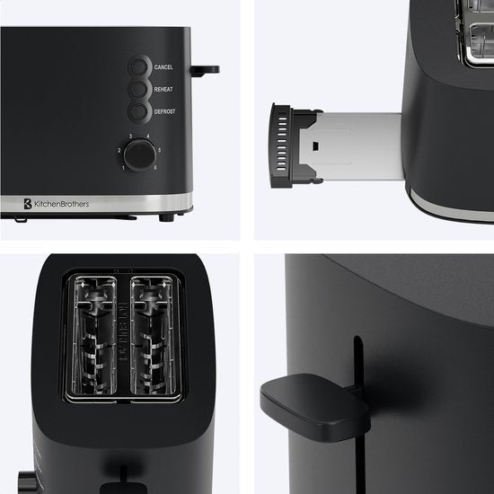 KitchenBrothers Toaster - Grille-pain - 6 niveaux de chaleur - 2 fentes extra-larges - 870W - Noir