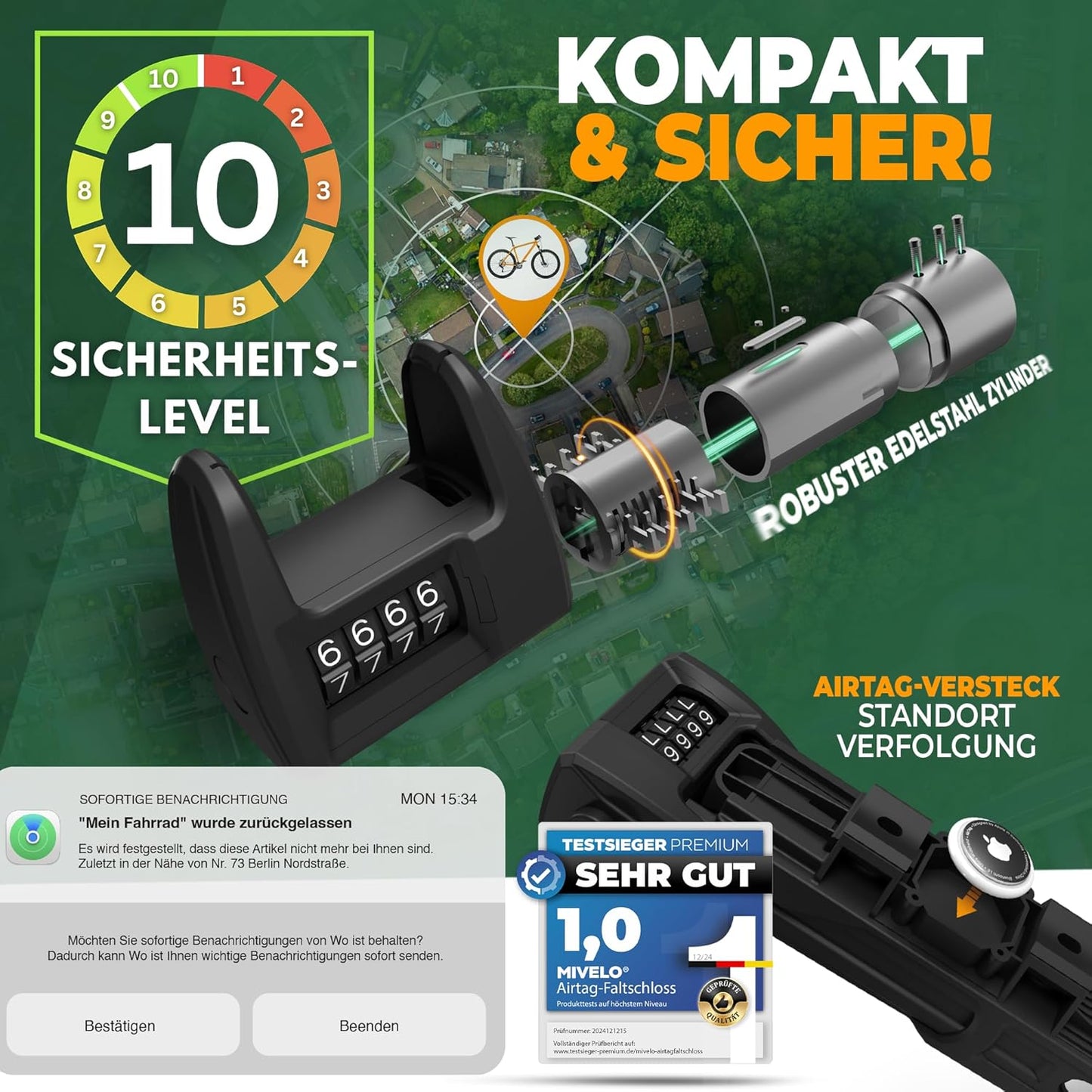 Antivol à code pour vélo MIVELO - pliable - avec compartiment secret pour AirTags - 90 cm de long - acier robuste - 19,5 x 7 x 4 cm