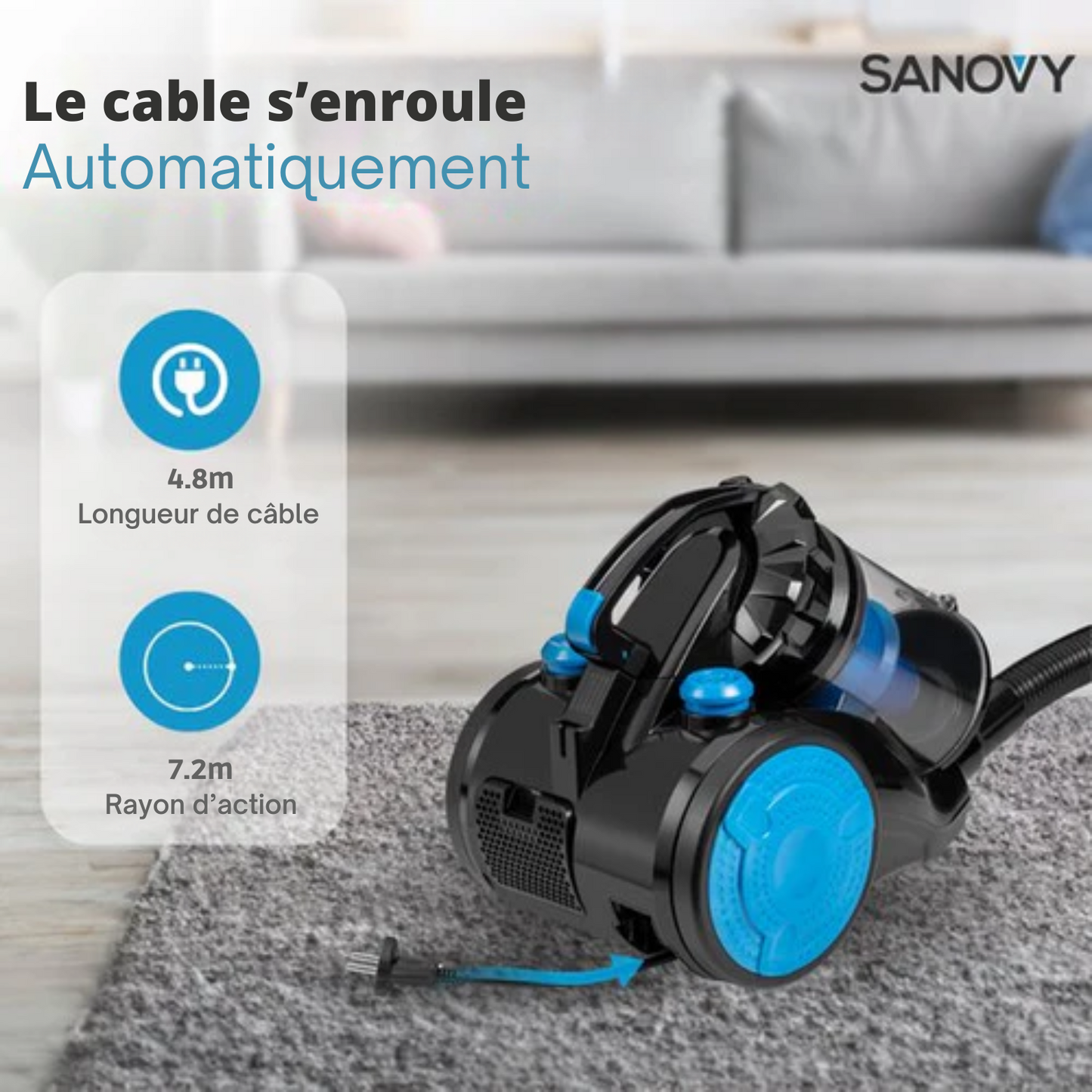 Aspirateur puissant sans sac - Sanovy ProPower - 3L - Compact - Bleu