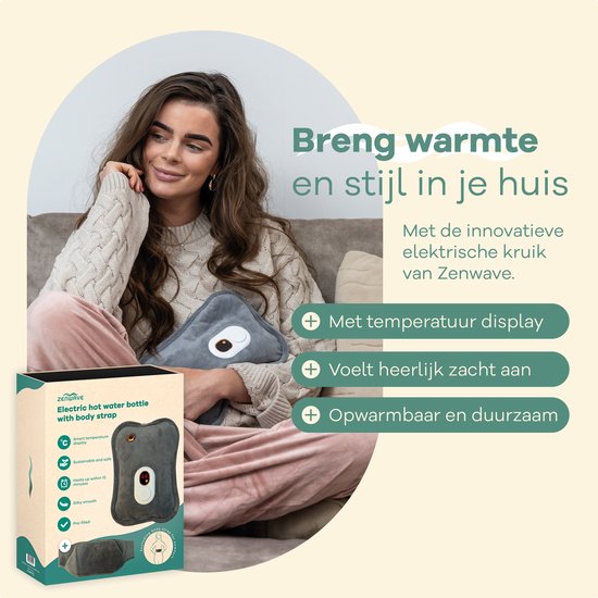 Bouillotte électrique Zenwave avec housse - Écran numérique - Bouillotte et bouillotte à eau avec chauffe-mains - Coussin chauffant rechargeable - Ceinture chauffante pour les règles - Durable et sans fil - Camping et plein air - Bouillotte grise