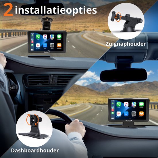 Vertrex Smart Car Display - Écran compatible avec Carplay et Android Auto - Car Play - Sans fil - 7 pouces - Écran tactile - Noir