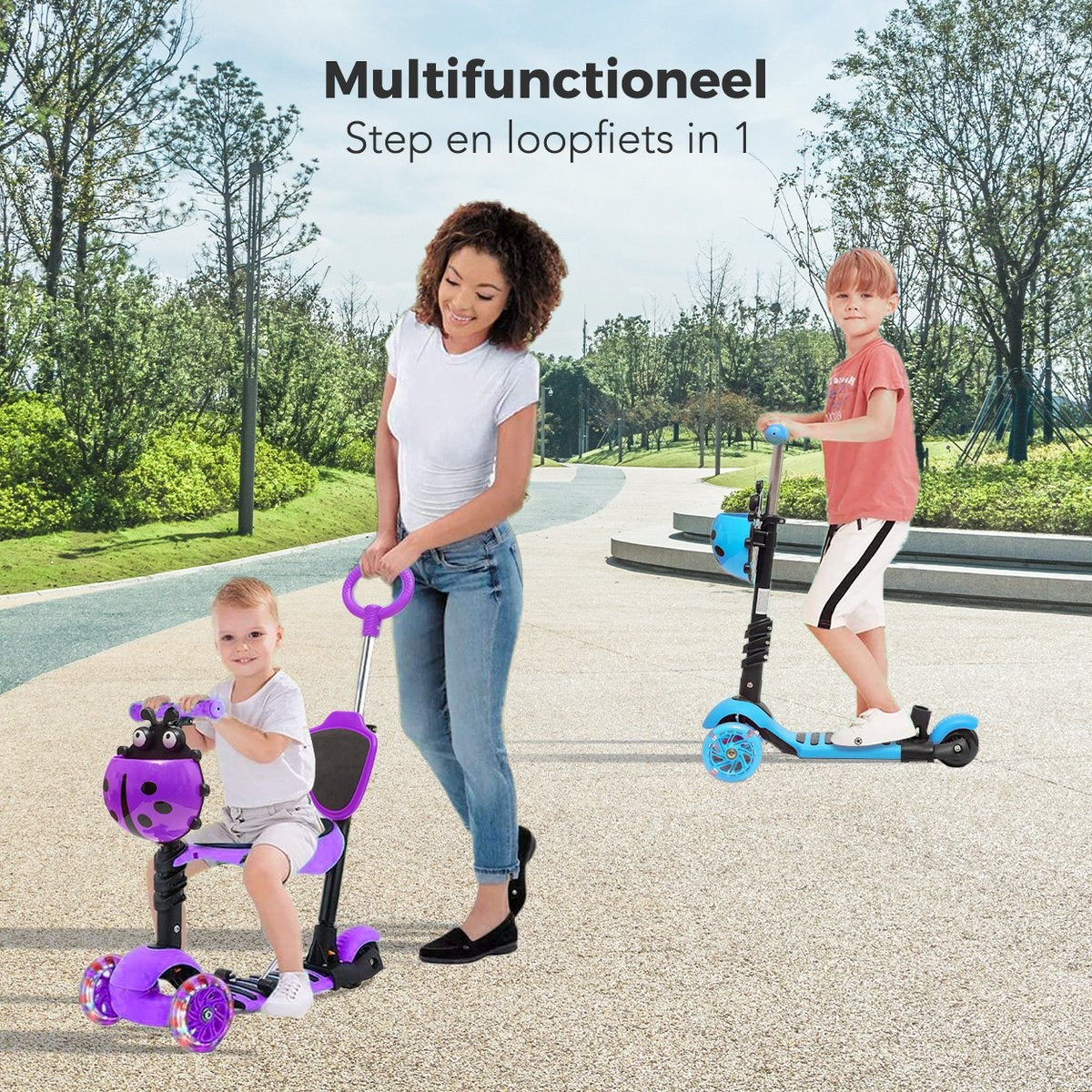 Scooter pour enfants avec barre de poussée - LifeGoods MultiRider - 3 à 8 ans - garçons/filles - 3 roues lumineuses - violet