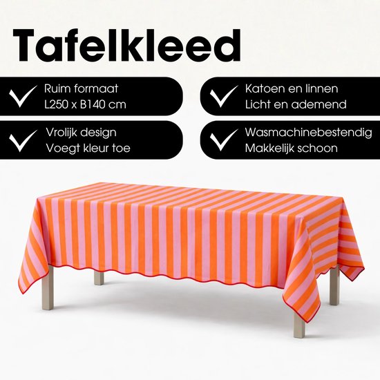 Mica Decorations : nappe rayée pour table à manger - Nappe d'intérieur et d'extérieur 250 x 140 cm - Toile cirée 100 % coton - Orange, rose