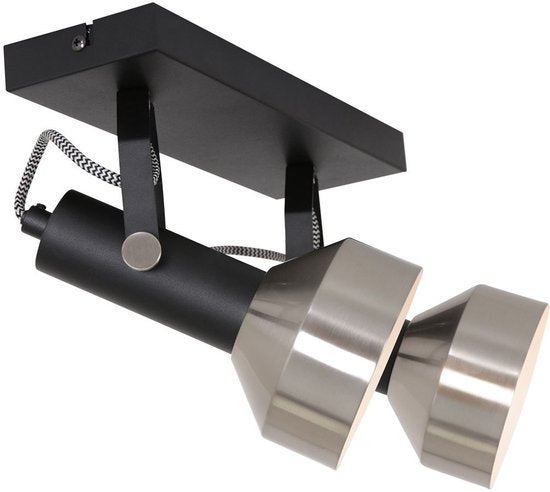 Spot de plafond Acier 3338ZW Noir, 2 douilles E27, orientable et inclinable, plastique et métal, style moderne, Mexlite