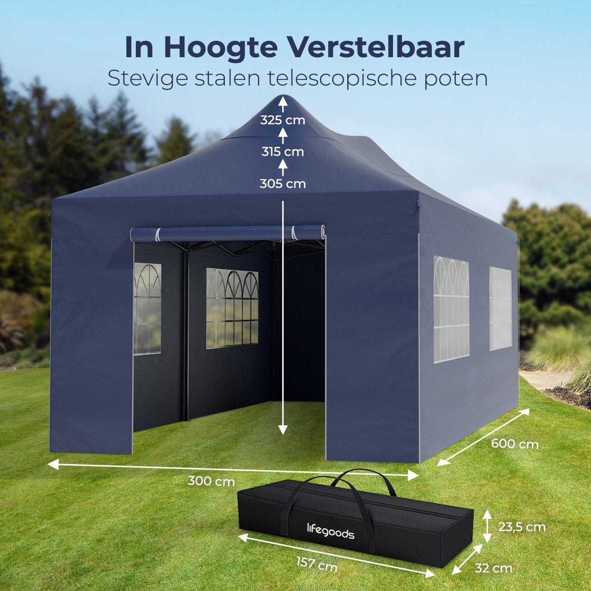 Chapiteau de jardin LifeGoods - 3x6 m - Pliable - Etanche - Parois - Sac de transport à roulettes - Bleu foncé