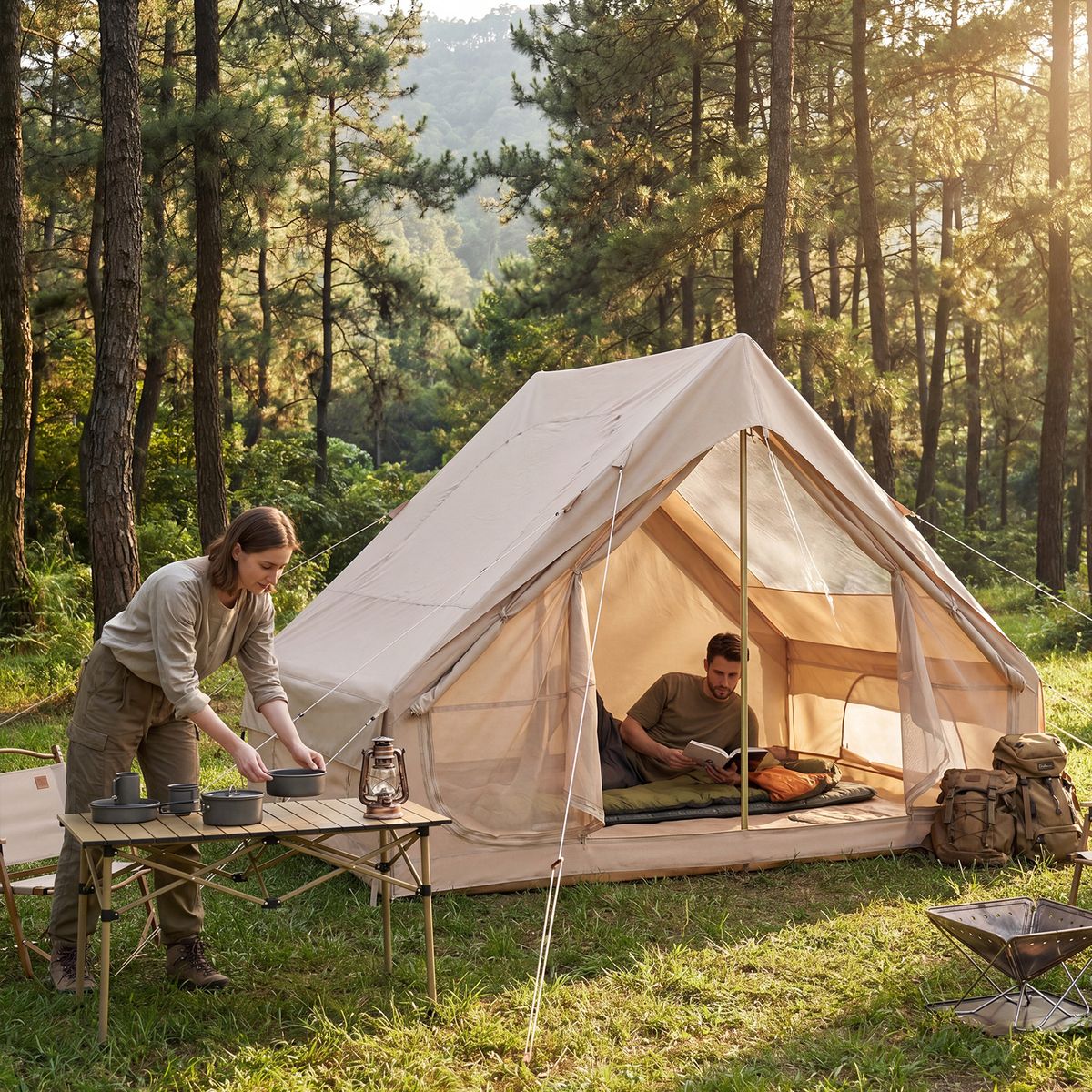 Tente de camping gonflable Coast - 4 personnes - 2 portes et lucarne - kaki - 295 x 205 x 200 cm