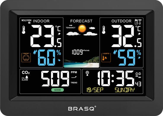 BRASQ Station météo intérieure et extérieure sans fil avec compteur de CO2 - Hygromètre - Avec capteur extérieur jusqu'à 60 mètres - Humidimètre - Thermomètre - Baromètre - piles incluses