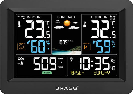 BRASQ Station météo intérieure et extérieure sans fil avec compteur de CO2 - Hygromètre - Avec capteur extérieur jusqu'à 60 mètres - Humidimètre - Thermomètre - Baromètre - piles incluses