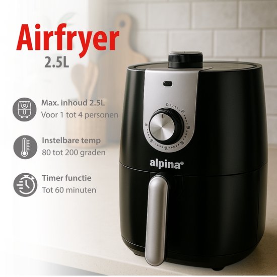 Alpina Airfryer 2L - Friteuse à air chaud pour 1 à 4 personnes - Friteuse à air chaud avec minuterie - Température réglable de 80 à 200 degrés - Avec fonction minuterie - Four à air chaud 900 W