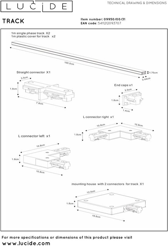 Kit de démarrage Lucide TRACK - Système de rails monophasé / Éclairage sur rail - 2 mètres - Blanc