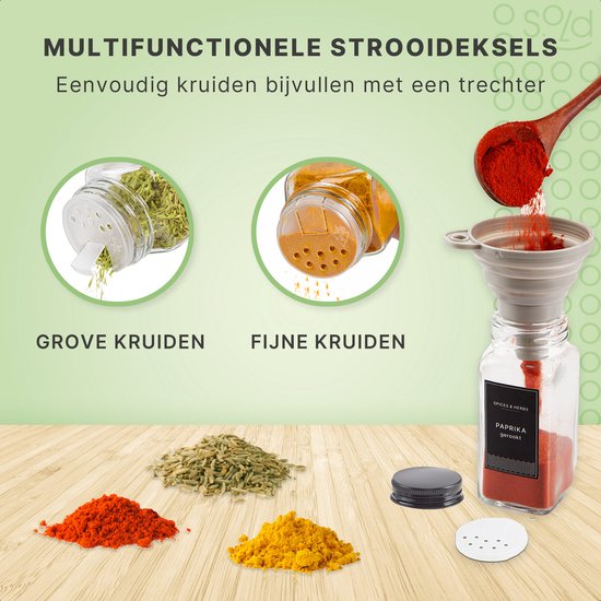 S.old - 24 pots à épices en verre carrés avec couvercle noir - Spice Spreader - Set complet avec couvercles à saupoudrer, autocollants préimprimés et entonnoir - Capacité 120 ml - 10,5 x 4,3 cm