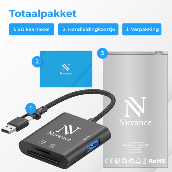 Lecteur de cartes SD Nuvance - Lecteur de cartes SD - 3 en 1 - Lecteur de cartes SD - USB-C et USB-A - Lecteur de cartes micro SD - Carte TF
