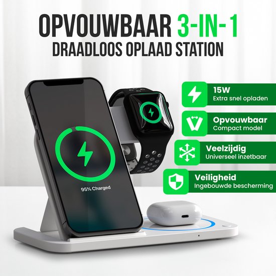 Strex 3-in-1 Wireless Charger - Station de charge - Chargement rapide 15W - Pliable - Convient pour iOS & Android, Apple Watch, AirPods et écouteurs sans fil - Blanc