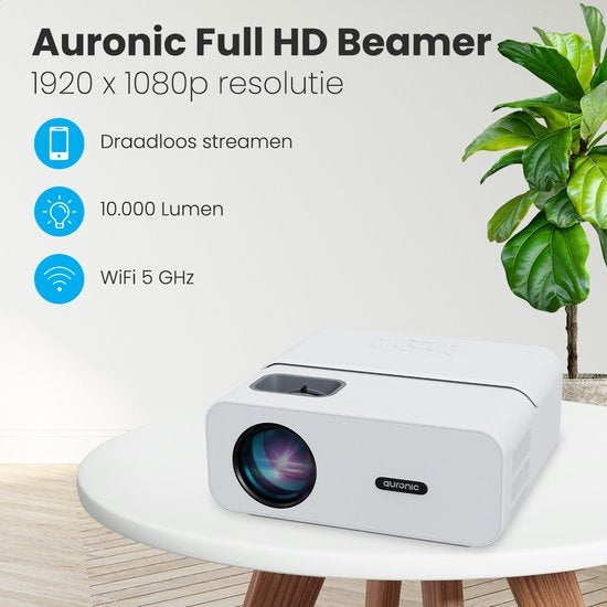 Projecteur 170 pouces - Auronic Beamer - Télécommande et sac de transport - 10 000 Lumens - WiFi  - Full HD - Câble HDMI - Blanc