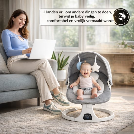 Oemmie Berceuse électrique - Balançoire pour bébé - Berceuse pour bébé - Fonction bluetooth et télécommande incluses - 5 positions de balancement - Gris