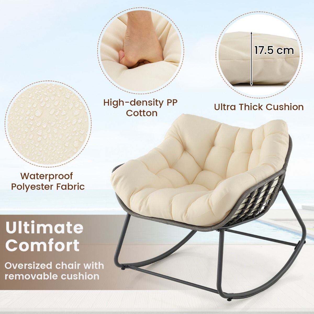 Fauteuil à bascule Coast - très grand format - coussin épais amovible - beige et gris
