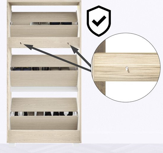 Armoire à chaussures - 3 volets - 115x60x24cm - 18 paires de chaussures - Chêne/Blanc