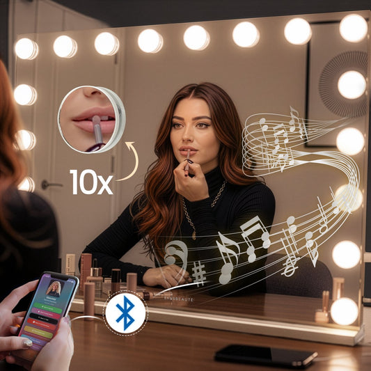 Sansbeauté® Hollywood Mirror 80x60 cm - Miroir de maquillage - 18 lampes LED - grossissement 10x - dimmable - port de charge USB - Touch Control - Bluetooth - Multi